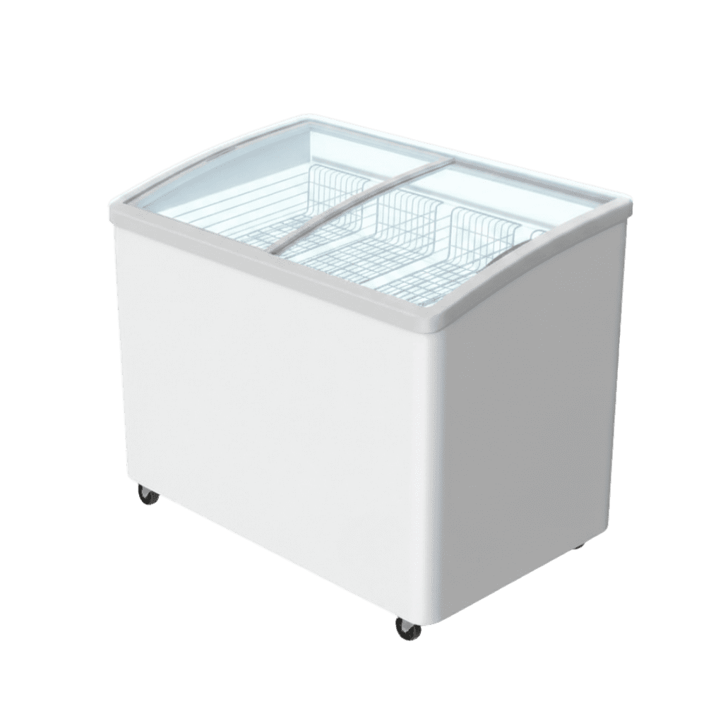 A rendering of chest freezers / island merchandisers for grocery stores, gas stations, convenience stores