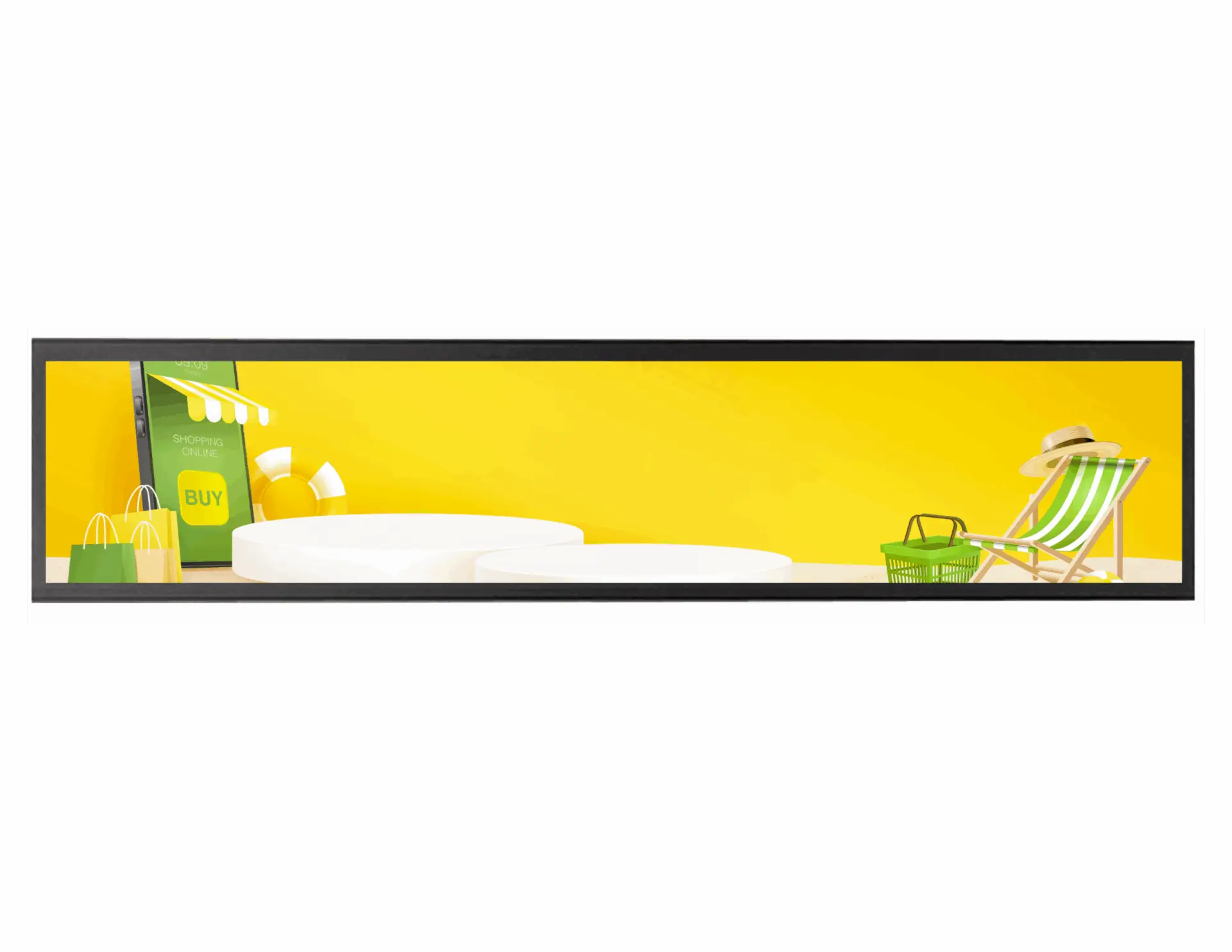 eShelf Header Display with a beach graphic