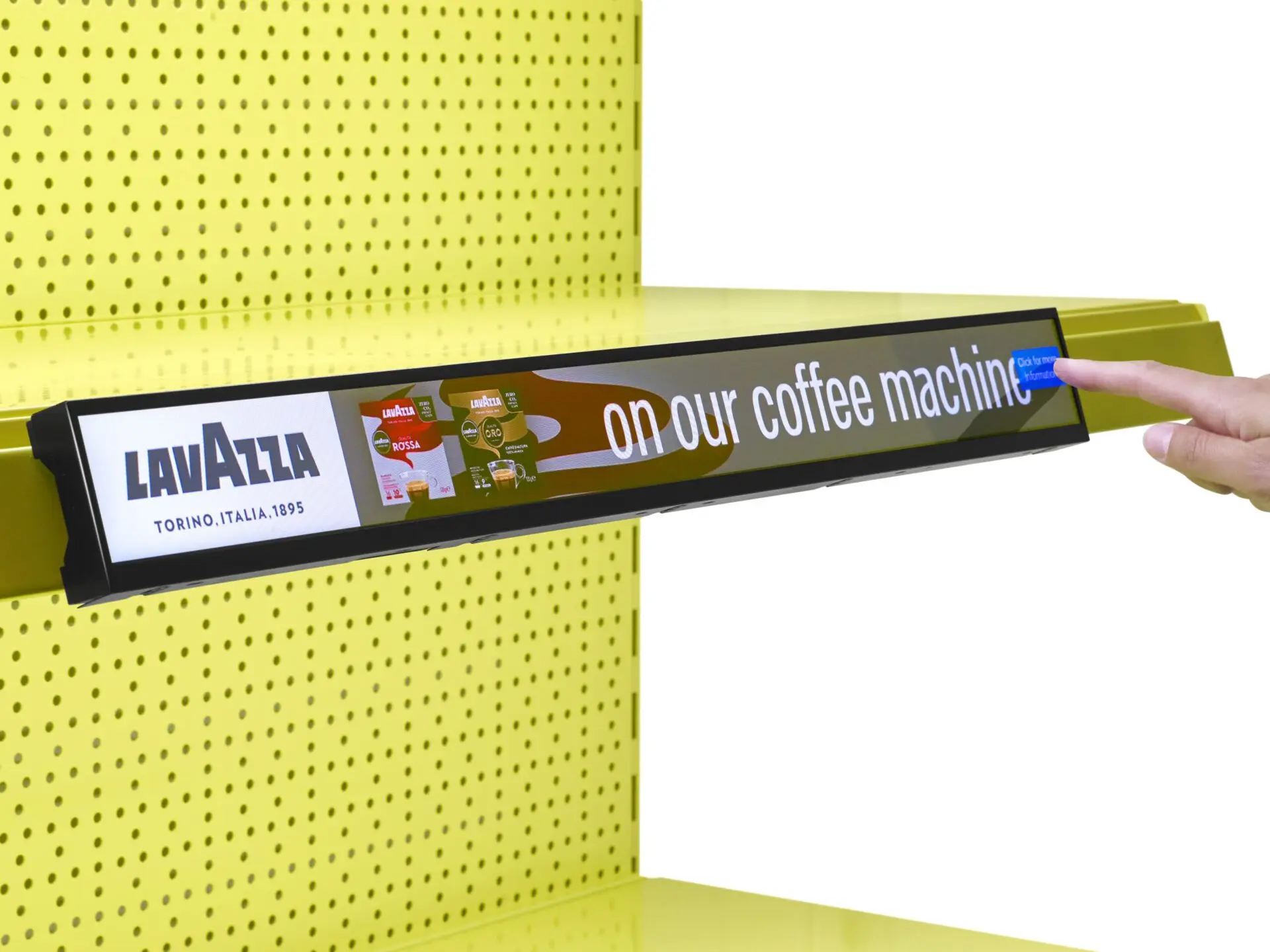 eShelf touch screen in use, featuring a coffee graphic, on a retail shelf