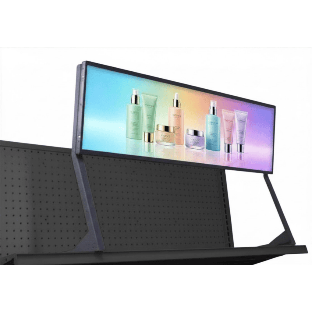 eShelf movable header bracket - screen with beauty products on a black frame