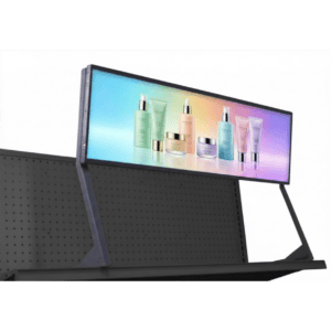 eShelf movable header bracket - screen with beauty products on a black frame